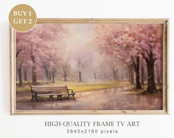 Samsung TV Frame Art, Spring City Landscape Oil Painting, Pink Spring Art for TV, Farmhouse Decor, Digital Download