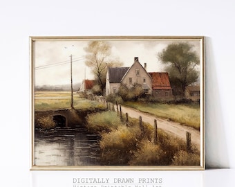Vintage Country Painting, Retro European Village Print, Art Digital Download