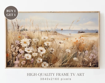 Art pour la télévision avec cadre printanier, peinture à l'huile de champ de fleurs sauvages de printemps, prairie de fleurs neutres, paysage aux tons chauds, peinture de campagne, téléchargement numérique