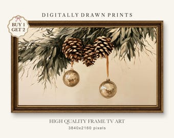 Neutral Christmas Frame TV Art: Pinecones & Gold Ornaments Painting (Digital Download)