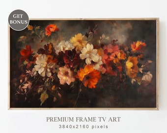 May include: A framed painting of a bouquet of flowers in shades of red, orange, white, and yellow. The flowers are arranged in a vase and are set against a dark background.