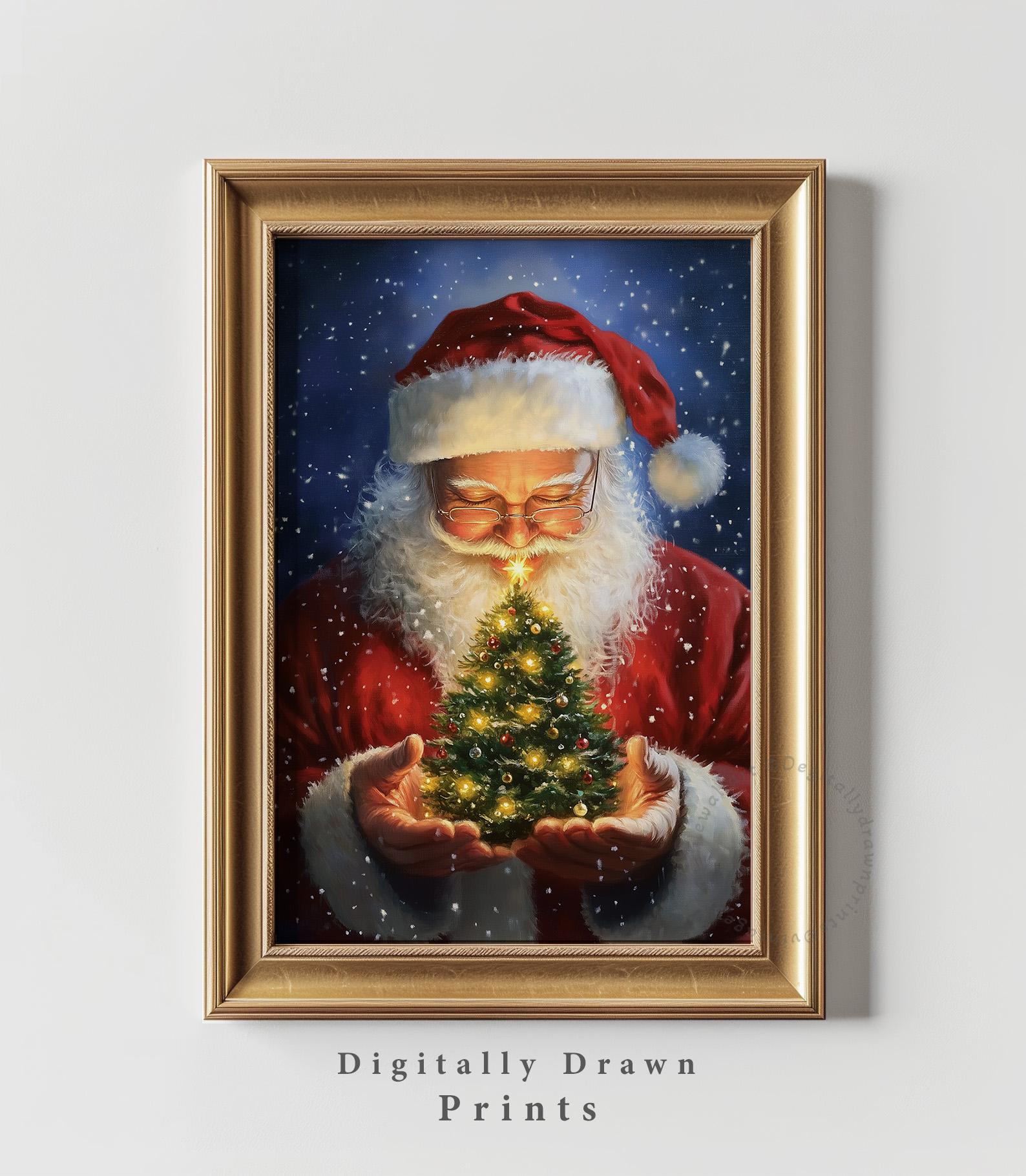 ヴィンテージ サンタクロースの印刷可能な壁アート、クリスマスツリー