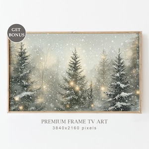 May include: A snowy winter scene with a group of evergreen trees illuminated by soft, warm lights. The trees are covered in snow and the background is a soft, muted blue.