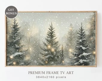Arte para marco de TV con diseño de bosque invernal, descarga digital de paisaje nevado de hoja perenne, decoración navideña para TV Samsung Frame, acogedora escena invernal