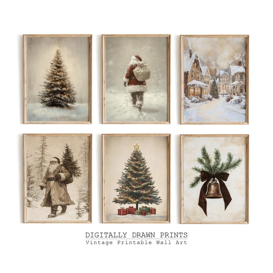Vintage Christmas Wall Art Set of 6, Neutral Farmhouse Christmas Decor ...