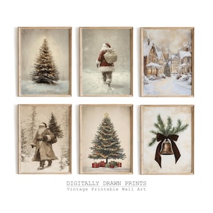 May include: Set of six vintage-style Christmas illustrations. The illustrations feature a snowy Christmas scene, a Christmas tree, Santa Claus, a Christmas tree with presents, and a Christmas bell with a bow.