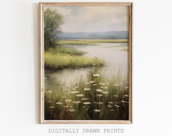 May include: A digital painting of a landscape with a river, green grass, and white flowers. The sky is a light blue with some clouds. The river is calm and reflects the sky. The grass is lush and green. The flowers are white and delicate.