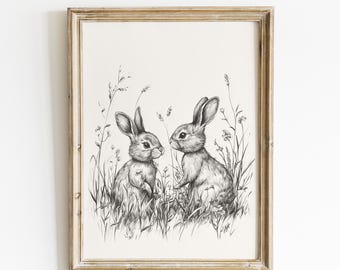 Printable Easter Bunny Sketch, Vintage Rabbit Drawing, Cute Bunnies in Wildflowers, Spring Farmhouse Wall Art, Rustic Easter Decor Print