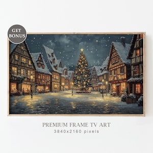 Moody Christmas Frame TV Art, Vintage Christmas Town TV Art, Snowy Village Landscape, Christmas Tree Painting, Winter TV Screensaver