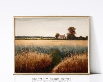 Printable Wildflower Field Landscape Oil Painting, Vintage Farm House, Field Landscape Oil Painting Printable, Digital Wall Art Printable