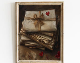 Valentine's Day Printable Wall Art, Still Life Vintage Love Letters Oil Painting, Cottagecore Decor, Antique Love Art Print Digital Download