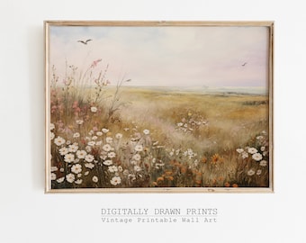 May include: A vintage-style painting of a field of wildflowers in shades of white, pink, and yellow. The field is set against a hazy blue sky with two birds flying overhead. The painting is framed in a light wood frame.