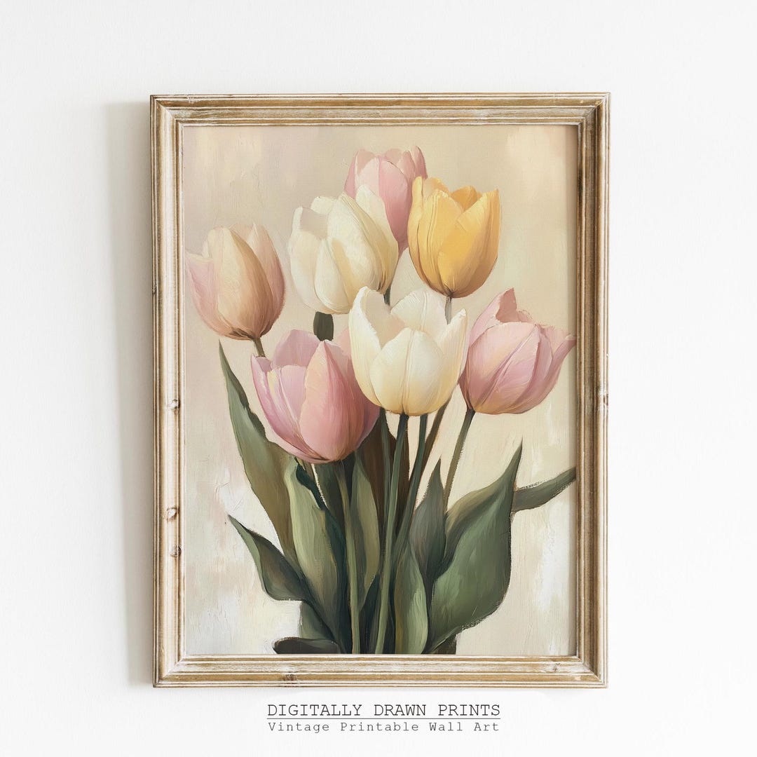Vintage Spring Printable Wall Art, Muted Farmhouse Tulips Print ...