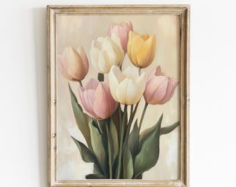 Vintage Spring Printable Wall Art, Muted Farmhouse Tulips Print, Neutral Easter Decor, Botanical Wall Art, Floral Painting for Spring