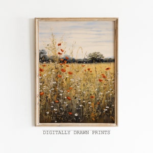 Autumn Wildflower Field Landscape Printable Oil Painting Vintage Farm House, Fall Decor Country Field Landscape, Art Digital Download