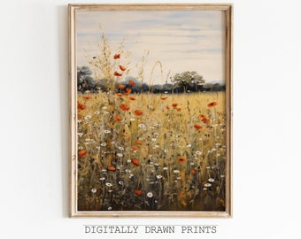 Autumn Wildflower Field Landscape Printable Oil Painting Vintage Farm House, Fall Decor Country Field Landscape, Art Digital Download