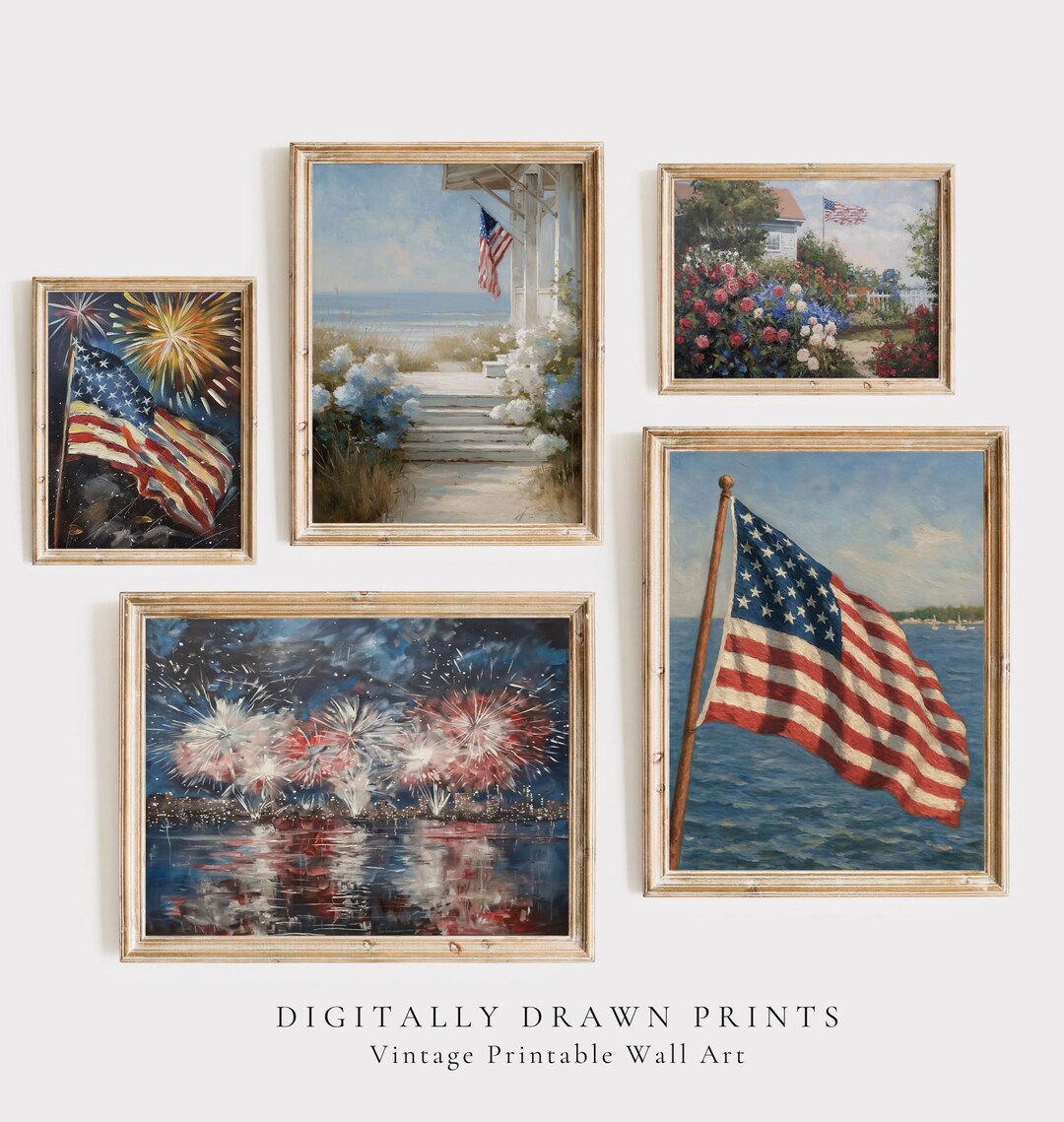 Patriotic Printable Wall Art Set, Vintage American Flag Prints, 4th of ...