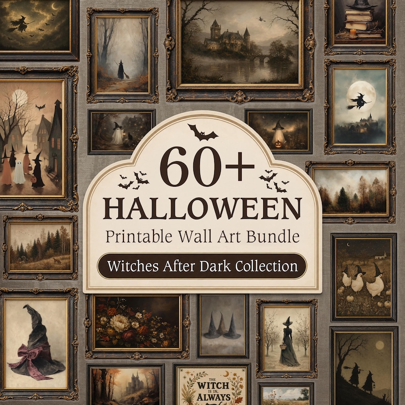 May include: A digital collection of 60+ Halloween printable wall art pieces titled Witches After Dark Collection. The display features various framed images of witches, castles, pumpkins, and spooky landscapes in dark, muted tones with ornate frames.