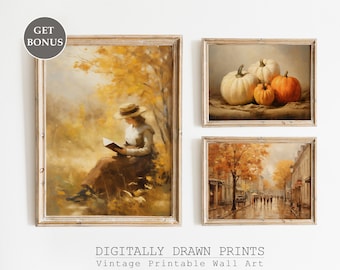 Vintage Fall Wall Art Set of 3, Antique Autumn Printable Wall Art, Cottagecore Fall Prints, Thanksgiving Day Decor, Digital Download