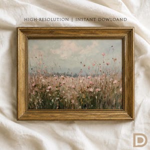 Peut inclure: Une peinture de paysage rectangulaire dans un cadre doré représentant un champ de fleurs sauvages roses sous un ciel nuageux. Le texte "HIGH-RESOLUTION | INSTANT DOWLOAD" est imprimé au-dessus du cadre et la lettre "D" est en bas à droite.