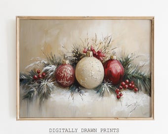 Christmas Ornament Printable Wall Art, Christmas Still Life Painting, Rustic Christmas Print, Christmas Decor, Christmas Holiday Art Print