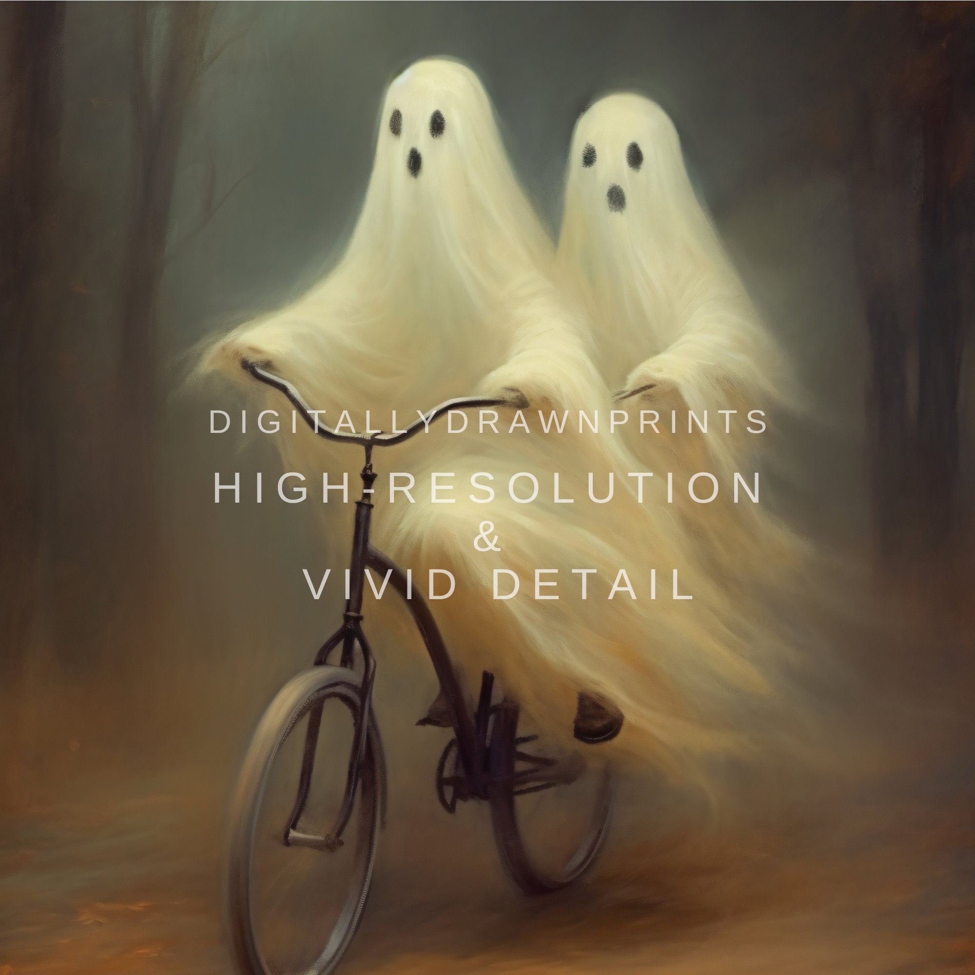 Cute Ghosts Print, Vintage Oil Painting, Ghosts Riding a Bike, Dark ...