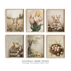 Impressions printanières neutres imprimables, lot de 6 oeuvres d'art murales printanières, peinture lapin de Pâques, peintures de Pâques à la ferme, décoration de la ferme de Pâques