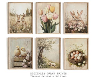 Printable Neutral Spring Prints, Gallery Set of 6 Spring Wall Art, Easter Bunny Painting, Farmhouse Easter Paintings, Easter Farmhouse Decor