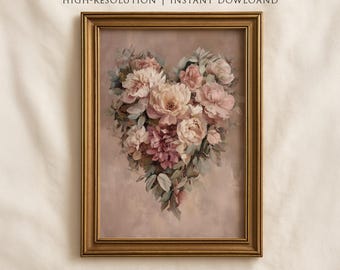 May include: A framed floral print featuring a heart-shaped arrangement of pink and cream-colored flowers with green foliage. The gold frame surrounds the artwork, and the text "HIGH-RESOLUTION | INSTANT DOWNLOAD" is at the top.