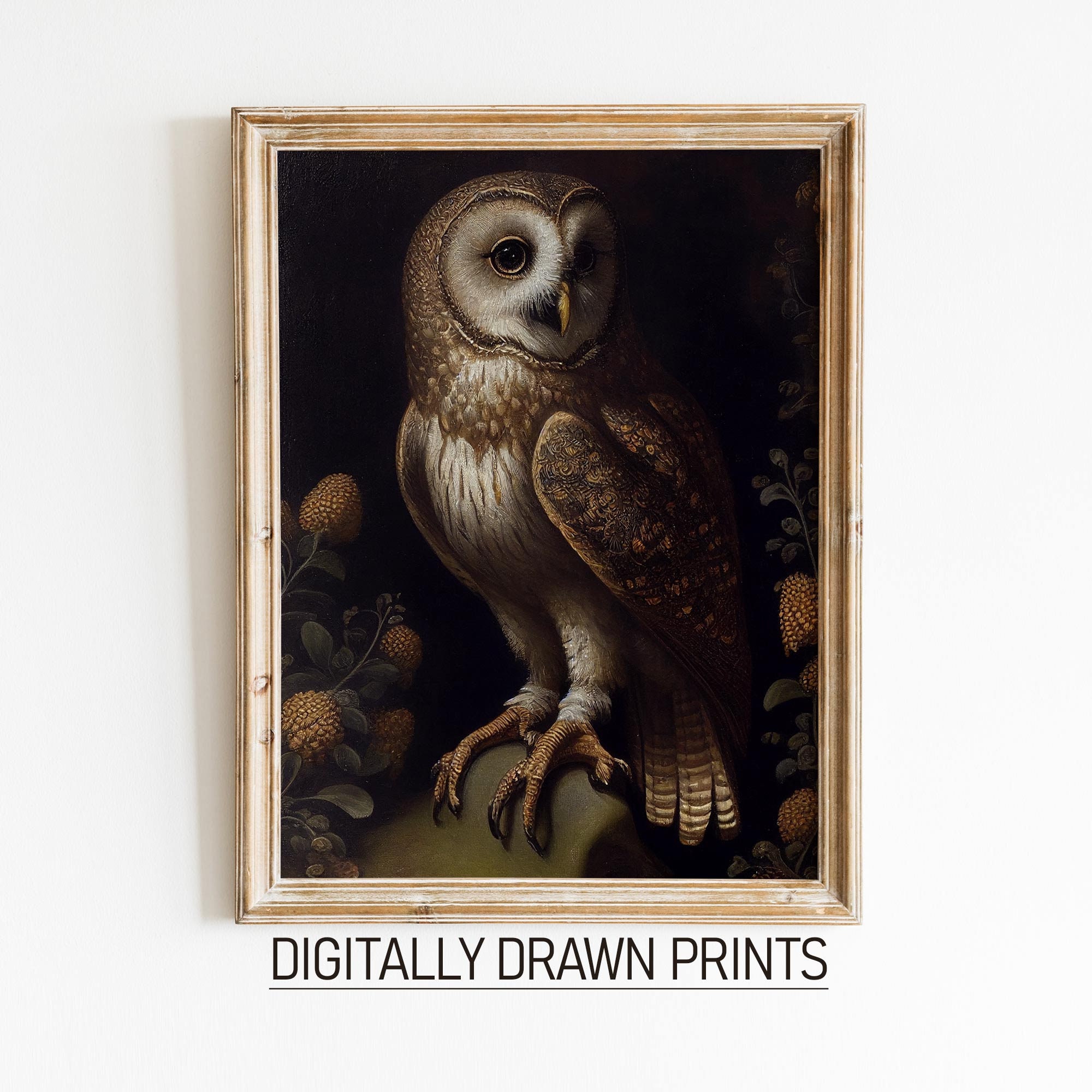 Dark Academia Owl Print, Moody Dark Decor, Gothic Vintage Wall Art, Antique Owl Painting, Wall Art P