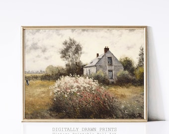 Cottage Oil Painting - Rose Garden Wall Art - Vintage Digital Print - Cottage Core Decor