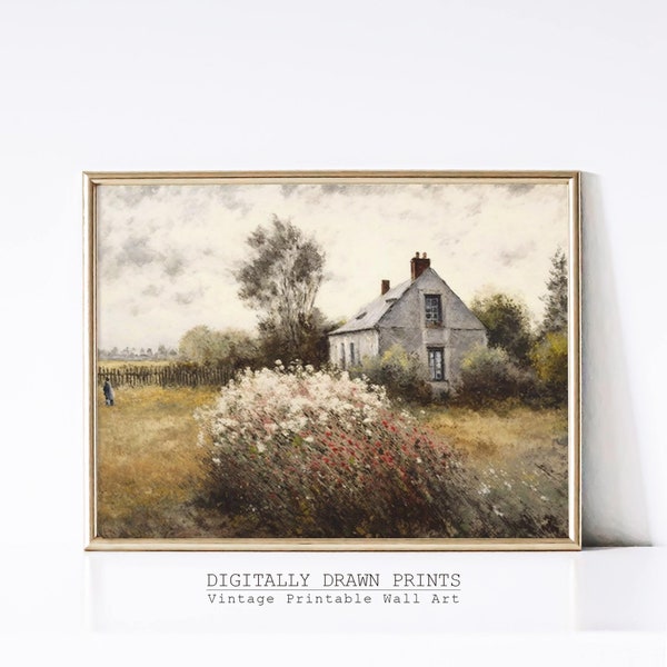 Cottage Oil Painting - Rose Garden Wall Art - Vintage Digital Print - Cottage Core Decor