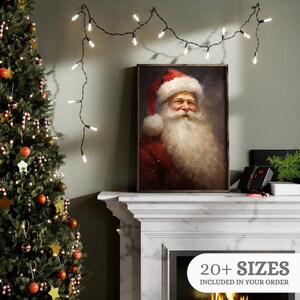 May include: A framed portrait of Santa Claus with a long white beard and a red hat and coat. The image is displayed above a fireplace, with a Christmas tree and string lights in the background. Text on the image reads "20+ SIZES INCLUDED IN YOUR ORDER."