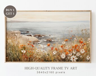 Samsung Frame TV Art, Vintage Coastal Wildflower Field Oil Painting, Beach Art for TV, Moody Summer Cottagecore Wall Art, Digital Download