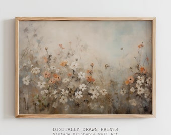 Arte de pared imprimible de flores silvestres de primavera silenciada, pintura al óleo de campo de flores vintage, impresión de granja botánica, decoración campestre, descarga digital