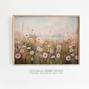 Spring Printable Wildflower Field Landscape, Vintage Oil Painting, Spring Print, Farmhouse Print, Neutral Spring Wall Art, Digital Download