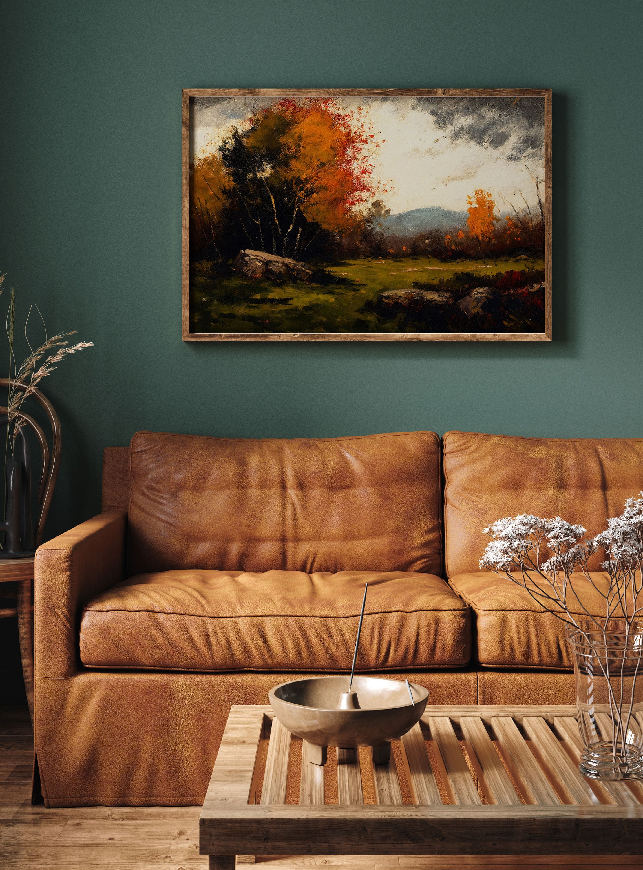 Moody Autumn Printable Field Landscape Oil Painting, Rustic Farm House ...