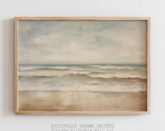 Coastal Ocean Beach Printable Wall Art, Neutral Seascape Oil Painting, Neutral Summer Print, Beach House Decor, Digital Download