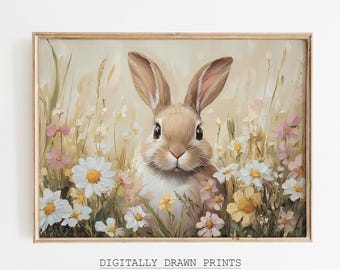 Neutrale paashaas print, konijn in wilde bloemen muurkunst, vintage lente decor, rustieke landelijke boerderij afdrukbare, Instant Download