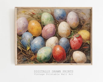 Puede incluir: Una pintura vintage de un nido lleno de huevos de Pascua coloridos. Los huevos están pintados en tonos de azul, verde, amarillo, rosa y rojo. El nido está hecho de ramitas y hojas.