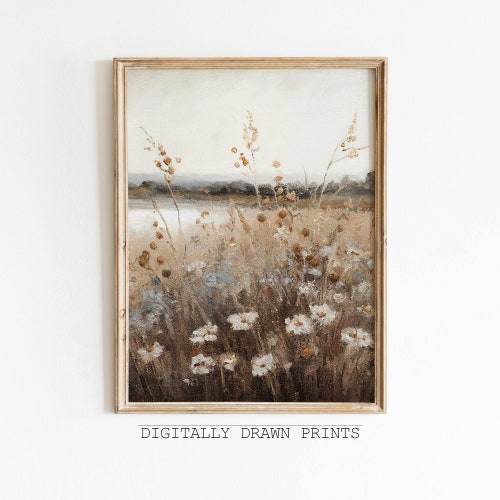 Printable Wildflower Field Landscape Oil Painting, Vintage Farm House, Country Field Landscape Oil Painting Printable, Art Digital Download