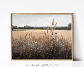 Printable Wildflower Field Landscape Oil Painting, Vintage Farm House Decor, Moody Field Landscape, Oil Painting Printable
