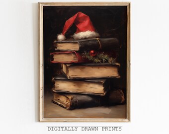 May include: A stack of old, leather-bound books with a red Santa hat on top. A sprig of green pine with a red ornament is tucked into the books.