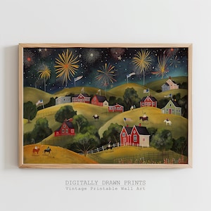 4th of July Village Landscape Watercolor Art Print, Forth of July Patriotic Fireworks Wall Art, Independence Day Decor, Digital Download
