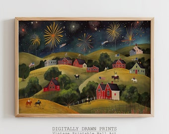 4th of July Village Landscape Watercolor Art Print, Forth of July Patriotic Fireworks Wall Art, Independence Day Decor, Digital Download