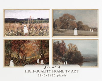 Halloween Frame TV Art Set of 4, Cute Ghosts in Wildflower Field, Vintage Fall Landscape Paintings, Halloween Spooky Arts, Digital Download