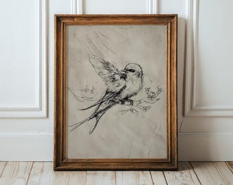 Vintage vogel schets afdrukbare, minimalistische natuur lijntekening, rustieke zomer kunst aan de muur, boerderij beige decor, digitale download kunst