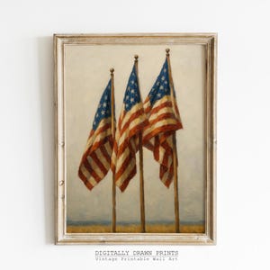 Vintage American Flag Printable Wall Art, Patriotic Independence Day Decor, Americana 4th Of July Painting, 4th of July Neutral Print