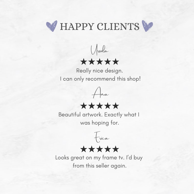 May include: A white background with the text "HAPPY CLIENTS" in purple. Three customer reviews are displayed with names, five-star ratings, and positive comments. The reviews are from Ursula, Ana, and Erica.