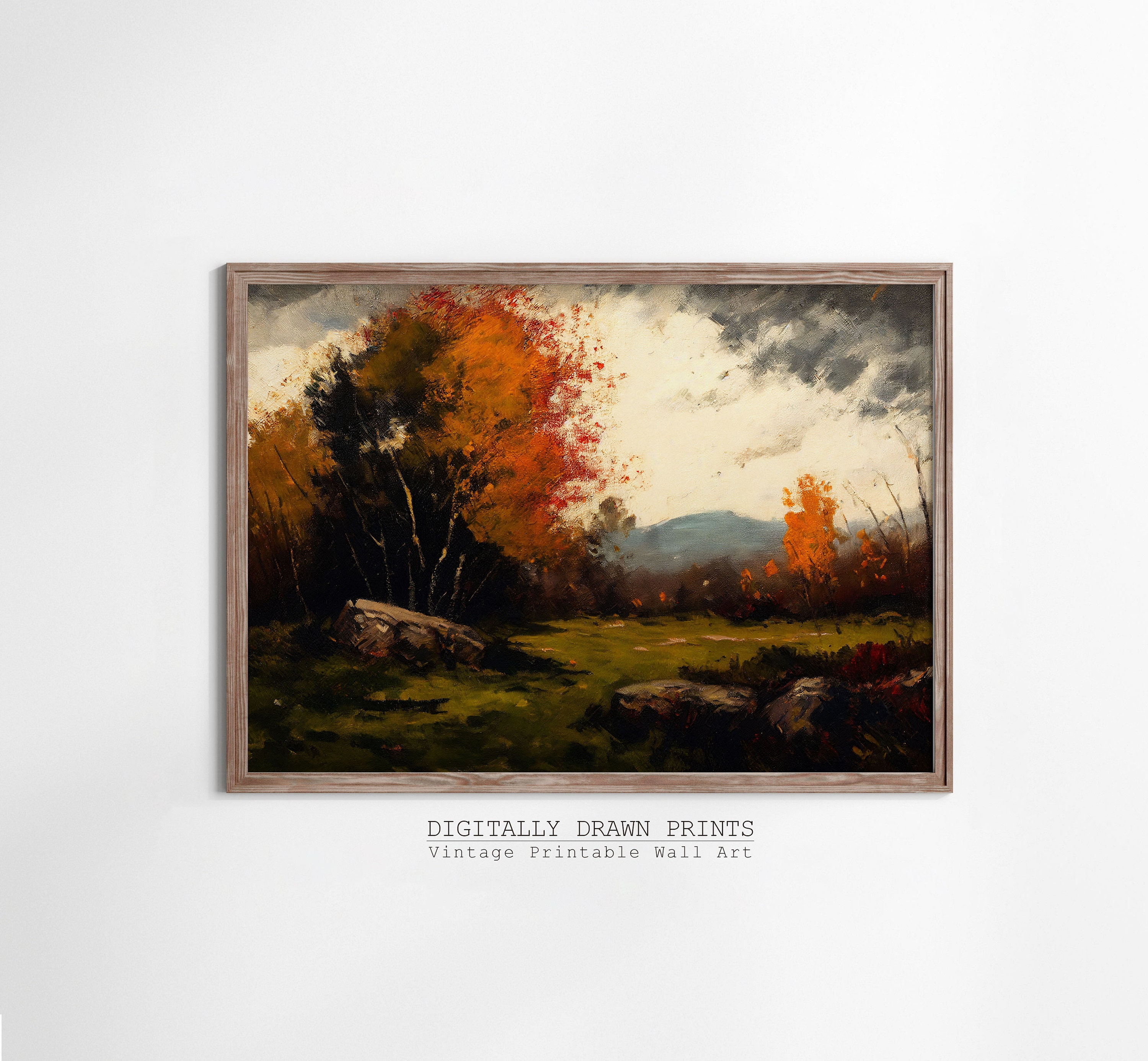 Moody Autumn Printable Field Landscape Oil Painting, Rustic Farm House ...